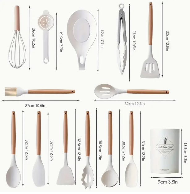 12pcs/set, White Silicone Utensil Set, Kitchen Utensil Set With Wooden Handle, Safety Cooking Utensils With Storage Bucket, Non-Stick Cooking Utensils, Kitchen Tools Set, Washable Modern Cookware, Apartment Dorm Essentials, Home, Kitchen Supplies
