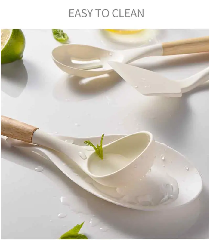 12pcs/set, White Silicone Utensil Set, Kitchen Utensil Set With Wooden Handle, Safety Cooking Utensils With Storage Bucket, Non-Stick Cooking Utensils, Kitchen Tools Set, Washable Modern Cookware, Apartment Dorm Essentials, Home, Kitchen Supplies