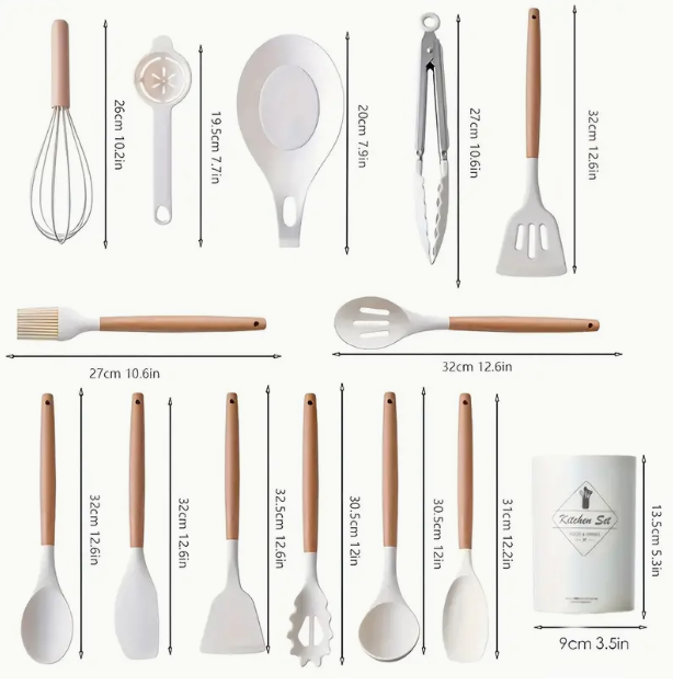 14pcs/set, White Silicone Utensil Set, Kitchen Utensil Set With Wooden Handle, Safety Cooking Utensils With Storage Bucket, Non-Stick Cooking Utensils, Kitchen Tools Set, Washable Modern Cookware, Apartment Dorm Essentials, Home, Kitchen Supplies