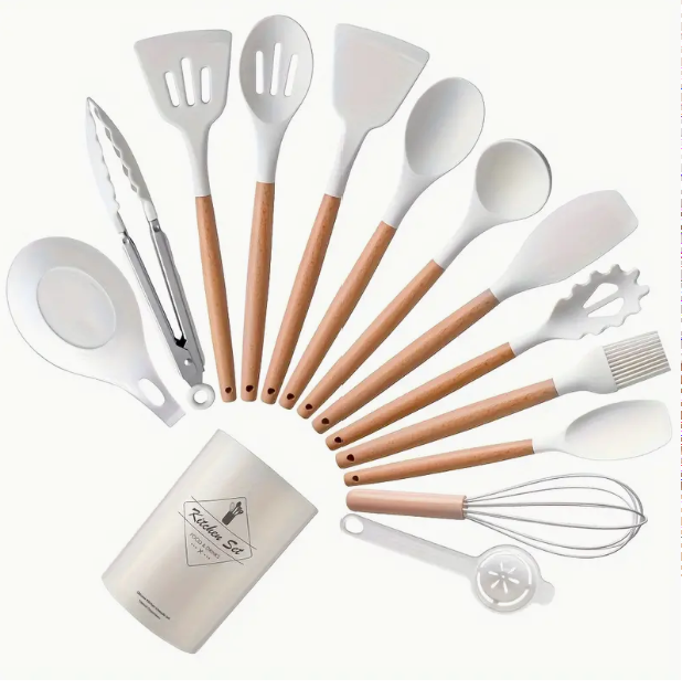 14pcs/set, White Silicone Utensil Set, Kitchen Utensil Set With Wooden Handle, Safety Cooking Utensils With Storage Bucket, Non-Stick Cooking Utensils, Kitchen Tools Set, Washable Modern Cookware, Apartment Dorm Essentials, Home, Kitchen Supplies