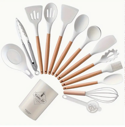 14pcs/set, White Silicone Utensil Set, Kitchen Utensil Set With Wooden Handle, Safety Cooking Utensils With Storage Bucket, Non-Stick Cooking Utensils, Kitchen Tools Set, Washable Modern Cookware, Apartment Dorm Essentials, Home, Kitchen Supplies