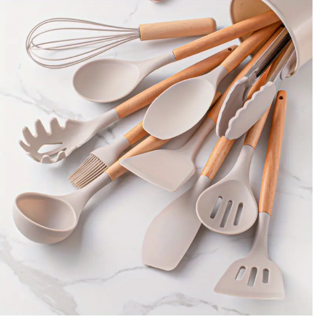 14pcs/set, White Silicone Utensil Set, Kitchen Utensil Set With Wooden Handle, Safety Cooking Utensils With Storage Bucket, Non-Stick Cooking Utensils, Kitchen Tools Set, Washable Modern Cookware, Apartment Dorm Essentials, Home, Kitchen Supplies