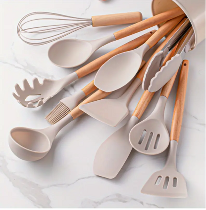 14pcs/set, White Silicone Utensil Set, Kitchen Utensil Set With Wooden Handle, Safety Cooking Utensils With Storage Bucket, Non-Stick Cooking Utensils, Kitchen Tools Set, Washable Modern Cookware, Apartment Dorm Essentials, Home, Kitchen Supplies