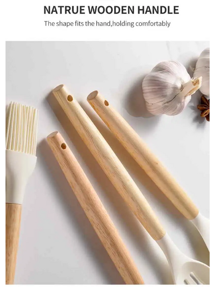 14pcs/set, White Silicone Utensil Set, Kitchen Utensil Set With Wooden Handle, Safety Cooking Utensils With Storage Bucket, Non-Stick Cooking Utensils, Kitchen Tools Set, Washable Modern Cookware, Apartment Dorm Essentials, Home, Kitchen Supplies