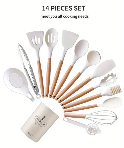 14pcs/set, White Silicone Utensil Set, Kitchen Utensil Set With Wooden Handle, Safety Cooking Utensils With Storage Bucket, Non-Stick Cooking Utensils, Kitchen Tools Set, Washable Modern Cookware, Apartment Dorm Essentials, Home, Kitchen Supplies