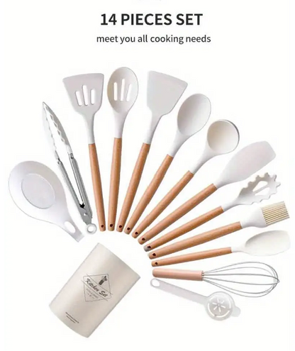 14pcs/set, White Silicone Utensil Set, Kitchen Utensil Set With Wooden Handle, Safety Cooking Utensils With Storage Bucket, Non-Stick Cooking Utensils, Kitchen Tools Set, Washable Modern Cookware, Apartment Dorm Essentials, Home, Kitchen Supplies